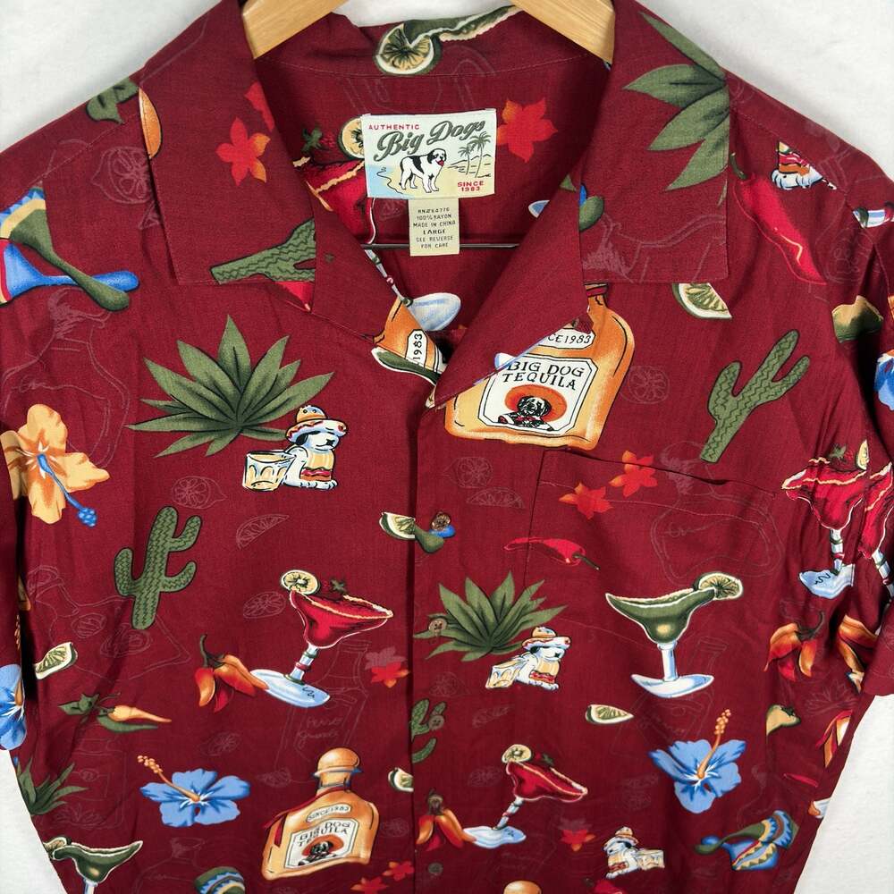Big Dogs Hawaiian Shirt Mens Large Red Tequila Margarita Rayon Aloha Party